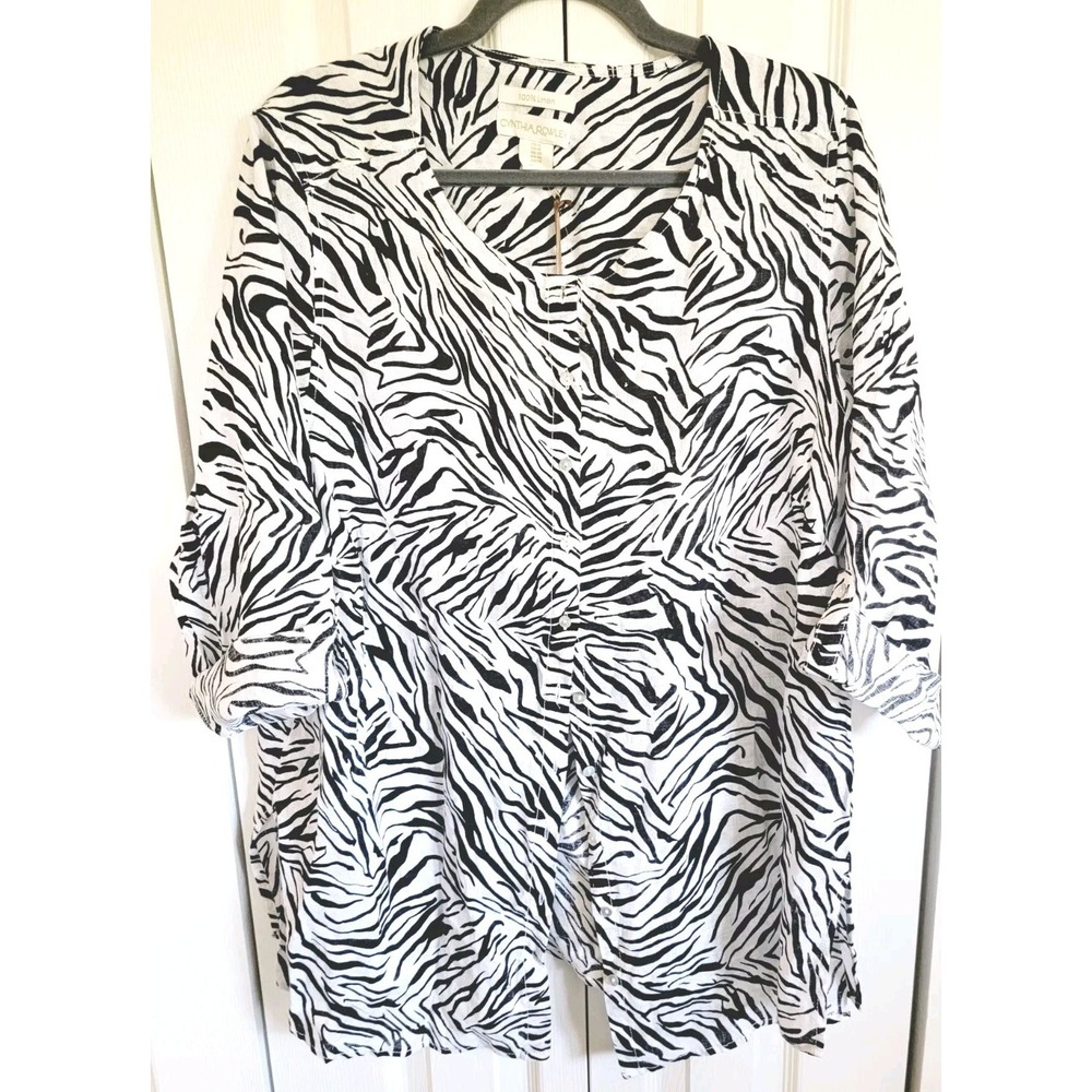 Cynthia Rowley 1X Linen Blouse Black White Size 1X Animal Print NWT RV‎ $72